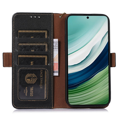 RFID Blocking Shell for Huawei Mate 60 , Litchi Texture Genuine Cow Leather Phone Case Wallet Stand Flip Cover
