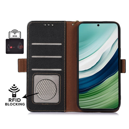 RFID Blocking Shell for Huawei Mate 60 , Litchi Texture Genuine Cow Leather Phone Case Wallet Stand Flip Cover