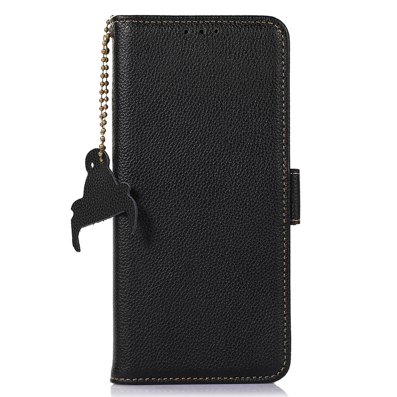 RFID Blocking Shell for Huawei Mate 60 , Litchi Texture Genuine Cow Leather Phone Case Wallet Stand Flip Cover