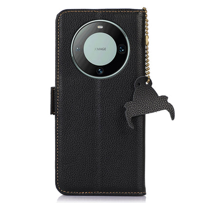 RFID Blocking Shell for Huawei Mate 60 , Litchi Texture Genuine Cow Leather Phone Case Wallet Stand Flip Cover