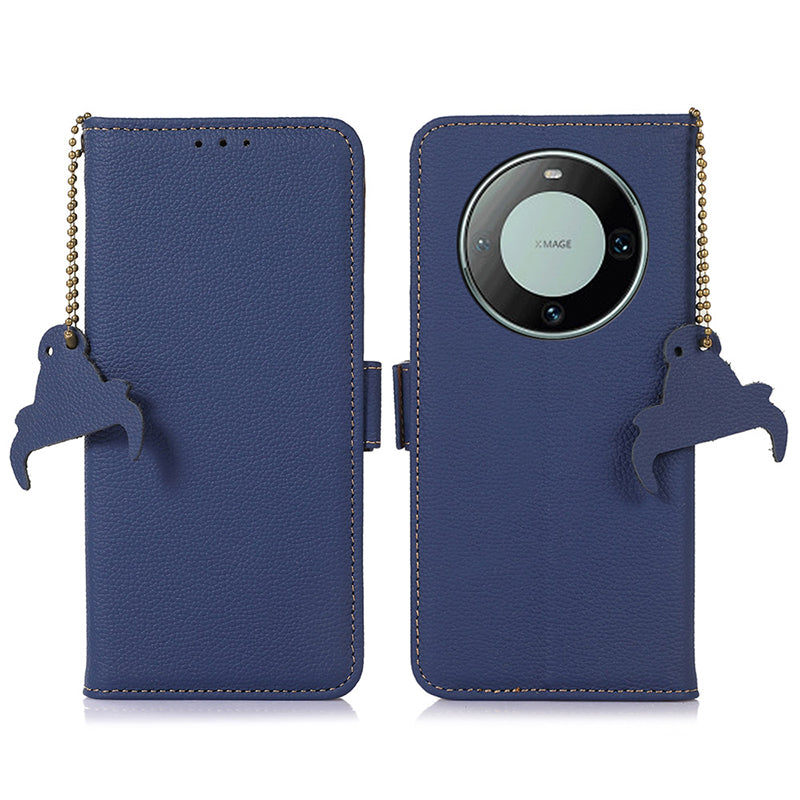RFID Blocking Shell for Huawei Mate 60 , Litchi Texture Genuine Cow Leather Phone Case Wallet Stand Flip Cover