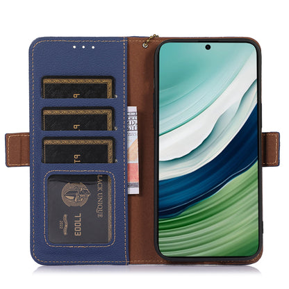 RFID Blocking Shell for Huawei Mate 60 , Litchi Texture Genuine Cow Leather Phone Case Wallet Stand Flip Cover