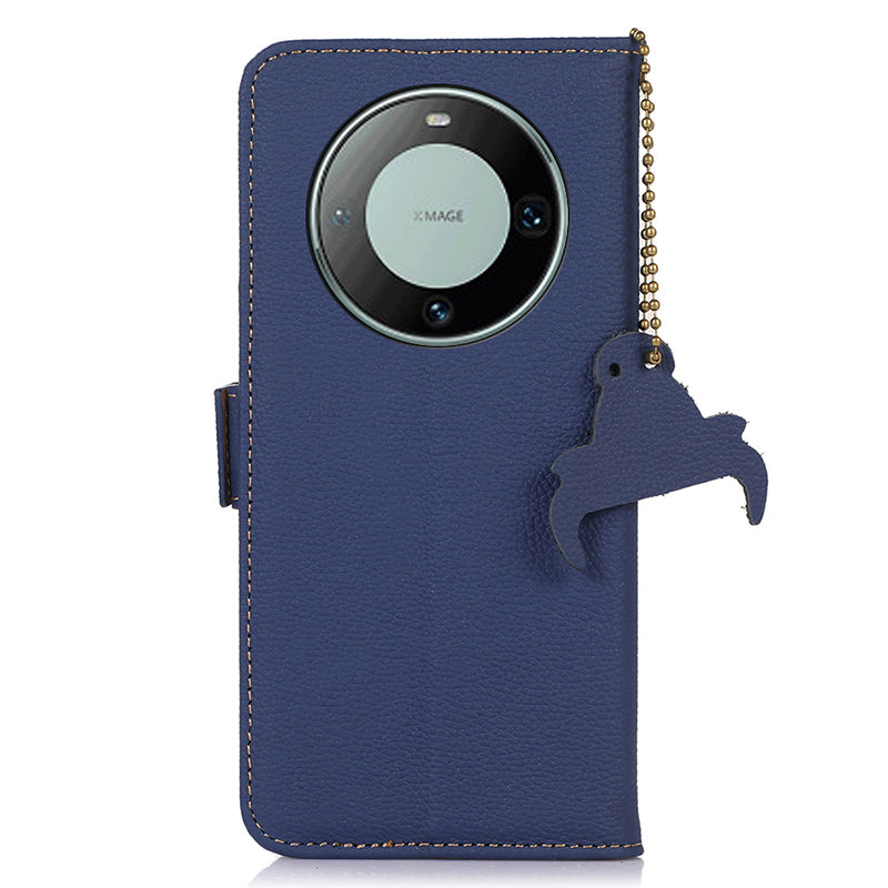 RFID Blocking Shell for Huawei Mate 60 , Litchi Texture Genuine Cow Leather Phone Case Wallet Stand Flip Cover