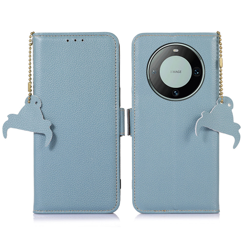 RFID Blocking Shell for Huawei Mate 60 , Litchi Texture Genuine Cow Leather Phone Case Wallet Stand Flip Cover