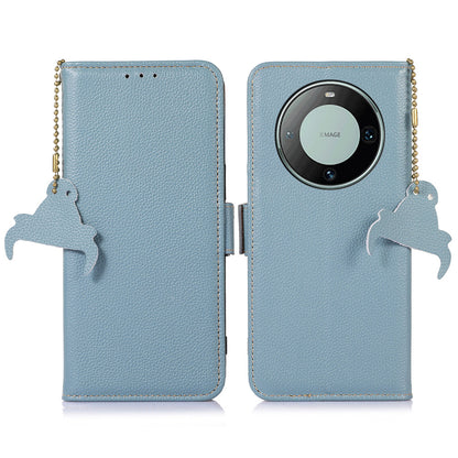 RFID Blocking Shell for Huawei Mate 60 , Litchi Texture Genuine Cow Leather Phone Case Wallet Stand Flip Cover