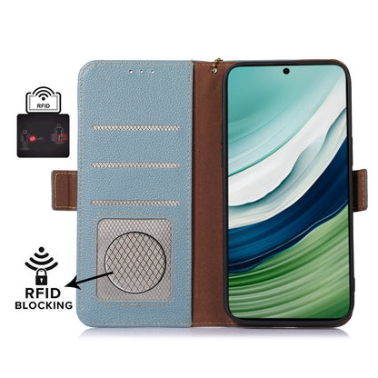 RFID Blocking Shell for Huawei Mate 60 , Litchi Texture Genuine Cow Leather Phone Case Wallet Stand Flip Cover