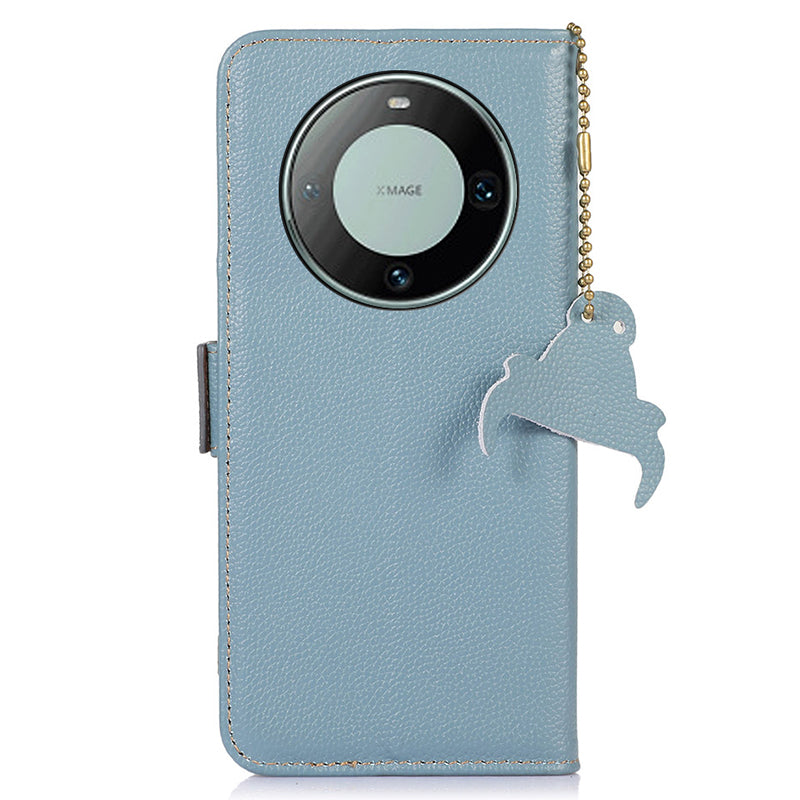RFID Blocking Shell for Huawei Mate 60 , Litchi Texture Genuine Cow Leather Phone Case Wallet Stand Flip Cover