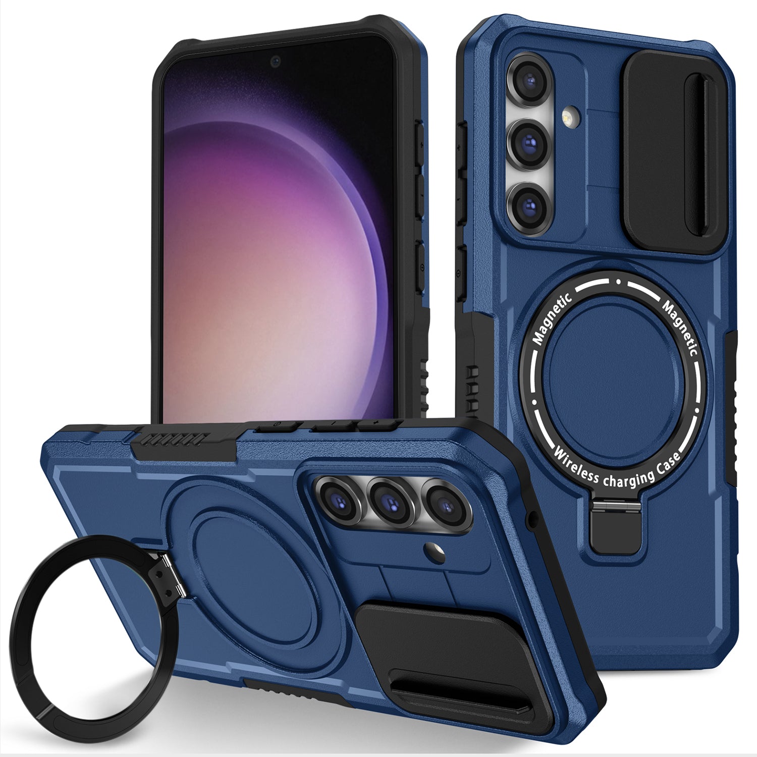 Compatible with MagSafe PC+TPU Case for Samsung Galaxy S23 FE Kickstand Anti-Drop Phone Shell with Sliding Lens Cover