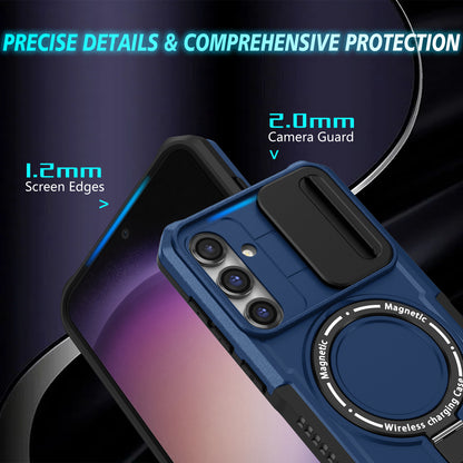 Compatible with MagSafe PC+TPU Case for Samsung Galaxy S23 FE Kickstand Anti-Drop Phone Shell with Sliding Lens Cover