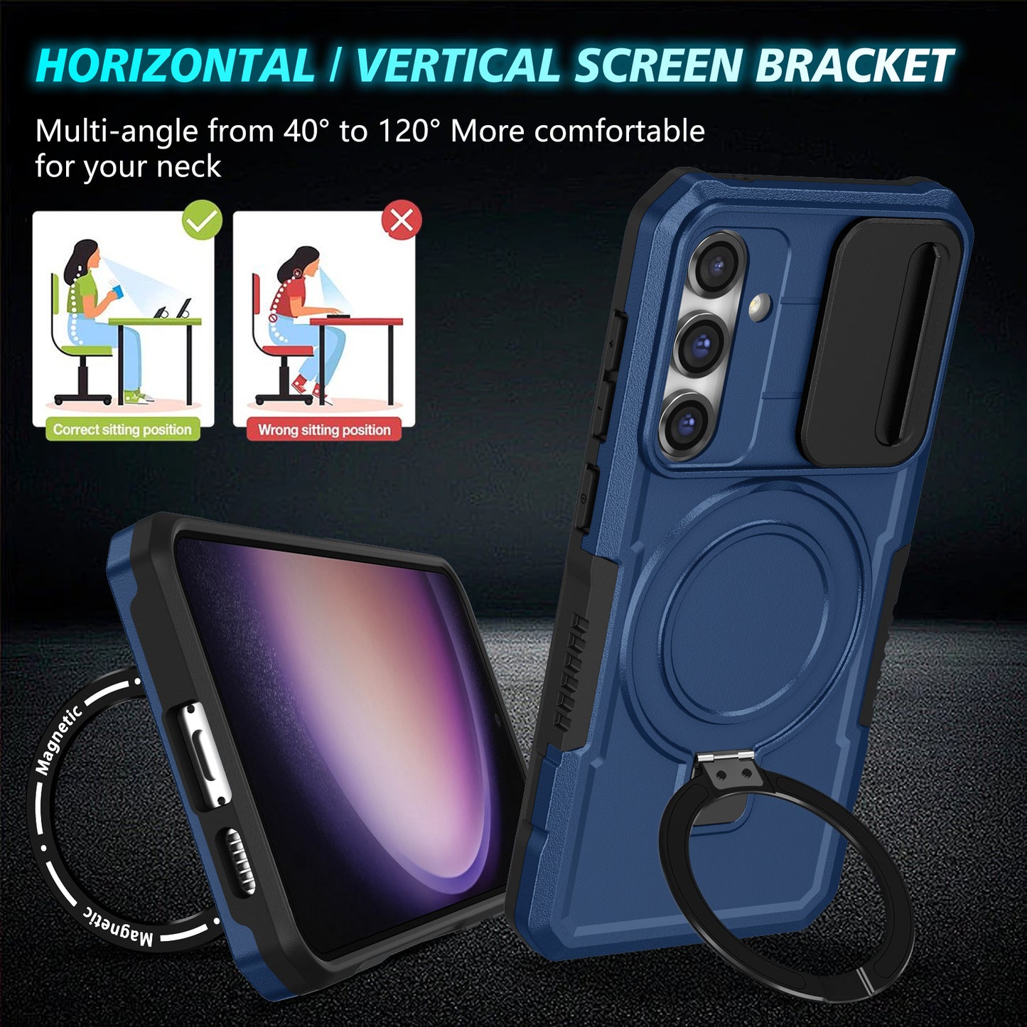 Compatible with MagSafe PC+TPU Case for Samsung Galaxy S23 FE Kickstand Anti-Drop Phone Shell with Sliding Lens Cover