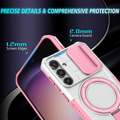 Compatible with MagSafe PC+TPU Case for Samsung Galaxy S23 FE Kickstand Anti-Drop Phone Shell with Sliding Lens Cover