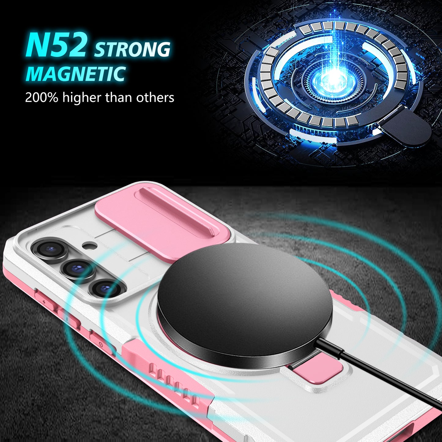 Compatible with MagSafe PC+TPU Case for Samsung Galaxy S23 FE Kickstand Anti-Drop Phone Shell with Sliding Lens Cover
