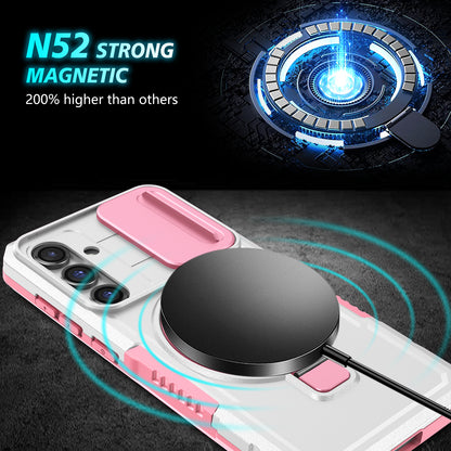 Compatible with MagSafe PC+TPU Case for Samsung Galaxy S23 FE Kickstand Anti-Drop Phone Shell with Sliding Lens Cover