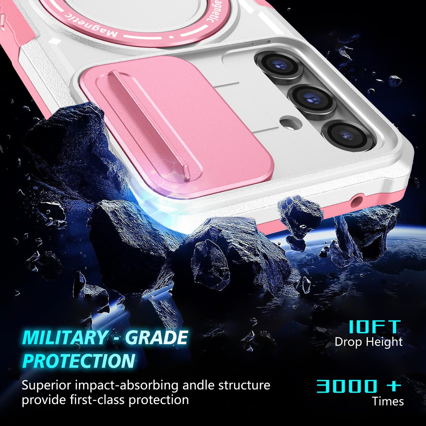 Compatible with MagSafe PC+TPU Case for Samsung Galaxy S23 FE Kickstand Anti-Drop Phone Shell with Sliding Lens Cover