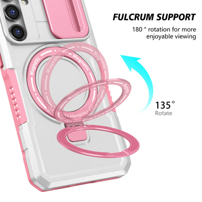 Compatible with MagSafe PC+TPU Case for Samsung Galaxy S23 FE Kickstand Anti-Drop Phone Shell with Sliding Lens Cover