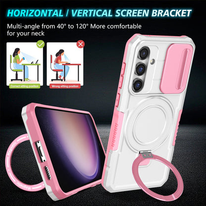 Compatible with MagSafe PC+TPU Case for Samsung Galaxy S23 FE Kickstand Anti-Drop Phone Shell with Sliding Lens Cover
