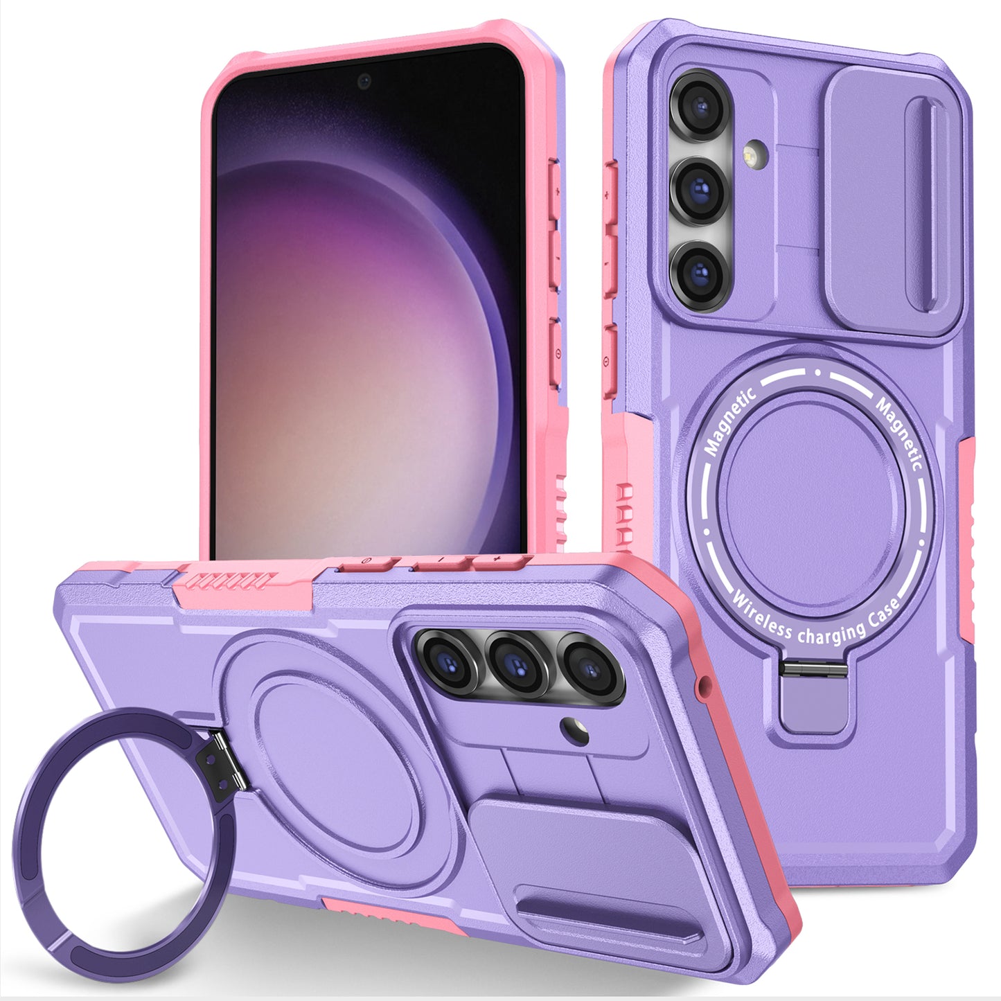 Compatible with MagSafe PC+TPU Case for Samsung Galaxy S23 FE Kickstand Anti-Drop Phone Shell with Sliding Lens Cover
