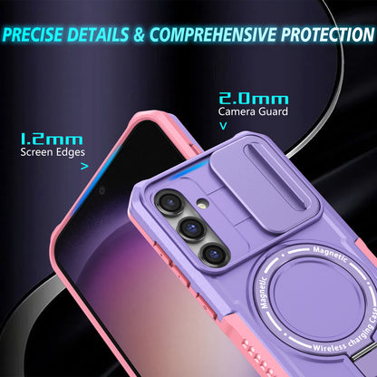 Compatible with MagSafe PC+TPU Case for Samsung Galaxy S23 FE Kickstand Anti-Drop Phone Shell with Sliding Lens Cover