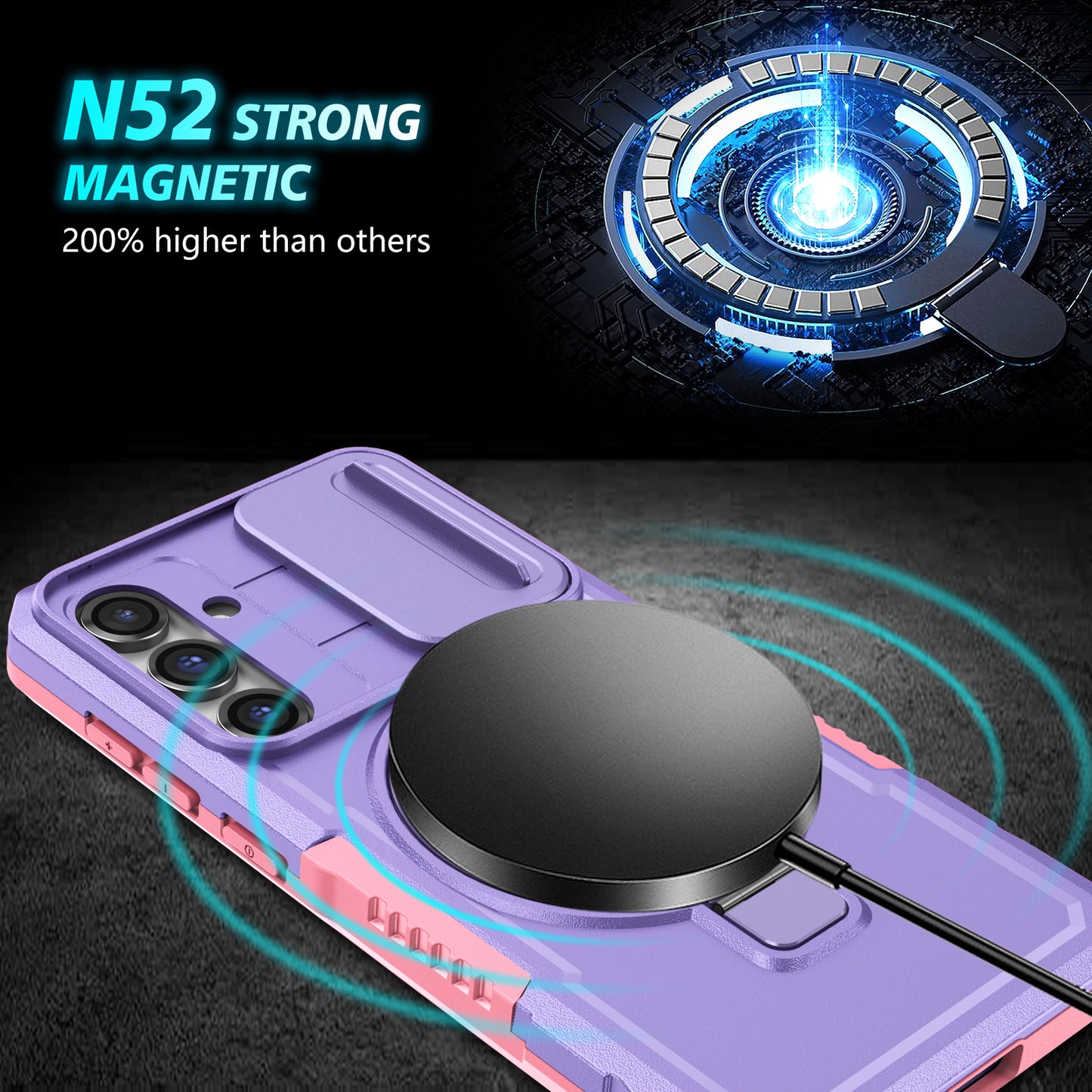 Compatible with MagSafe PC+TPU Case for Samsung Galaxy S23 FE Kickstand Anti-Drop Phone Shell with Sliding Lens Cover