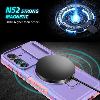 Compatible with MagSafe PC+TPU Case for Samsung Galaxy S23 FE Kickstand Anti-Drop Phone Shell with Sliding Lens Cover