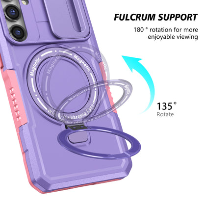 Compatible with MagSafe PC+TPU Case for Samsung Galaxy S23 FE Kickstand Anti-Drop Phone Shell with Sliding Lens Cover