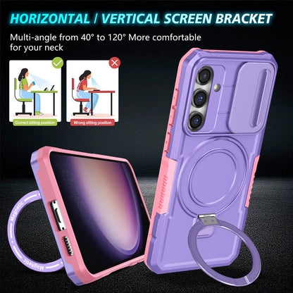 Compatible with MagSafe PC+TPU Case for Samsung Galaxy S23 FE Kickstand Anti-Drop Phone Shell with Sliding Lens Cover