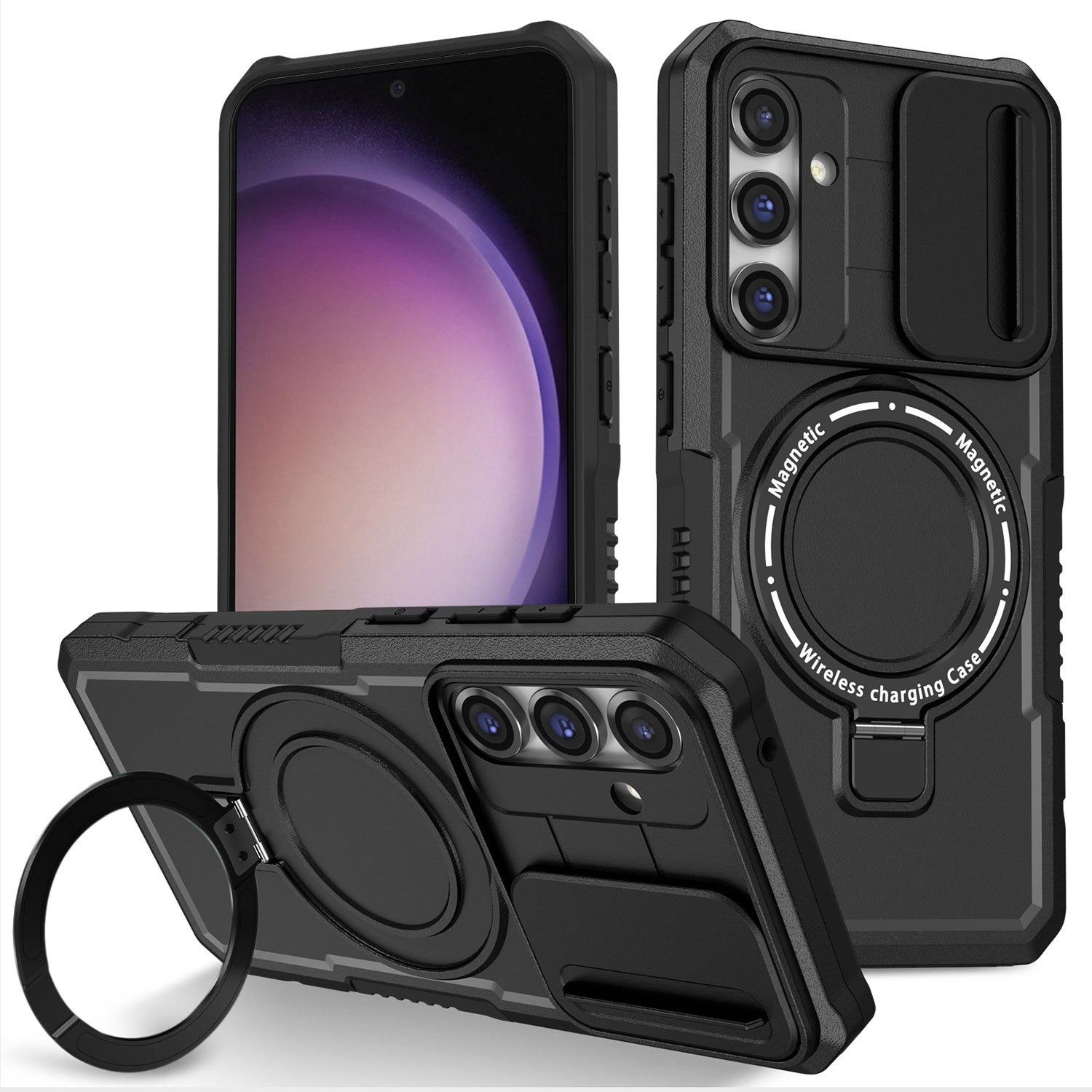 Compatible with MagSafe PC+TPU Case for Samsung Galaxy S23 FE Kickstand Anti-Drop Phone Shell with Sliding Lens Cover