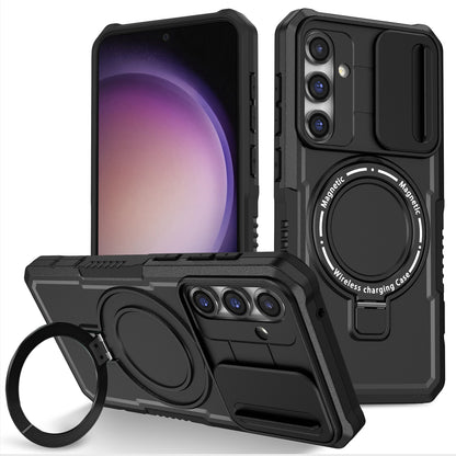 Compatible with MagSafe PC+TPU Case for Samsung Galaxy S23 FE Kickstand Anti-Drop Phone Shell with Sliding Lens Cover