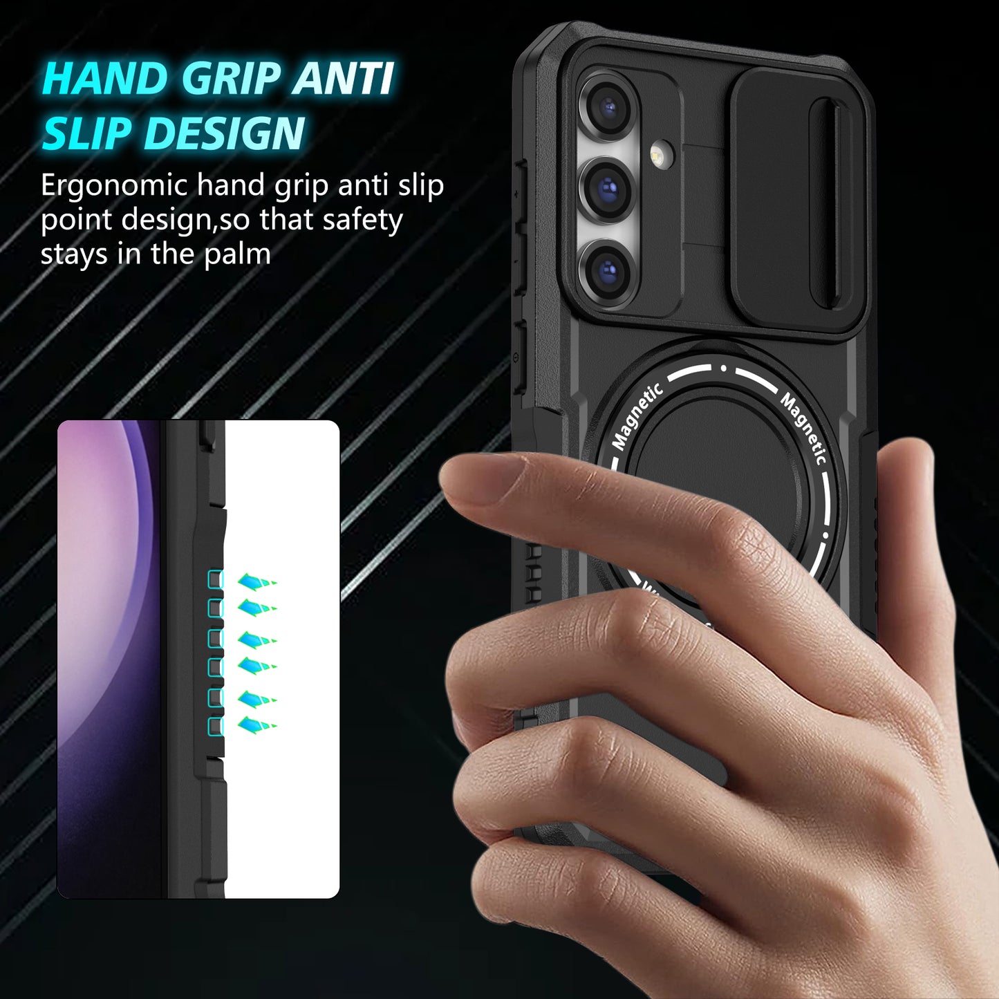 Compatible with MagSafe PC+TPU Case for Samsung Galaxy S23 FE Kickstand Anti-Drop Phone Shell with Sliding Lens Cover