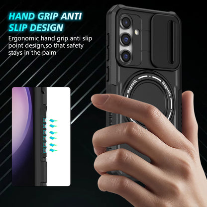 Compatible with MagSafe PC+TPU Case for Samsung Galaxy S23 FE Kickstand Anti-Drop Phone Shell with Sliding Lens Cover