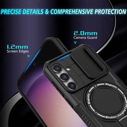 Compatible with MagSafe PC+TPU Case for Samsung Galaxy S23 FE Kickstand Anti-Drop Phone Shell with Sliding Lens Cover