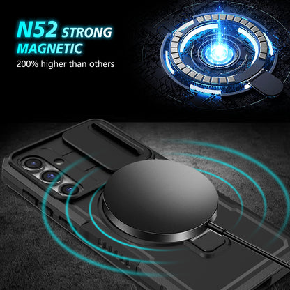 Compatible with MagSafe PC+TPU Case for Samsung Galaxy S23 FE Kickstand Anti-Drop Phone Shell with Sliding Lens Cover