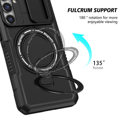 Compatible with MagSafe PC+TPU Case for Samsung Galaxy S23 FE Kickstand Anti-Drop Phone Shell with Sliding Lens Cover