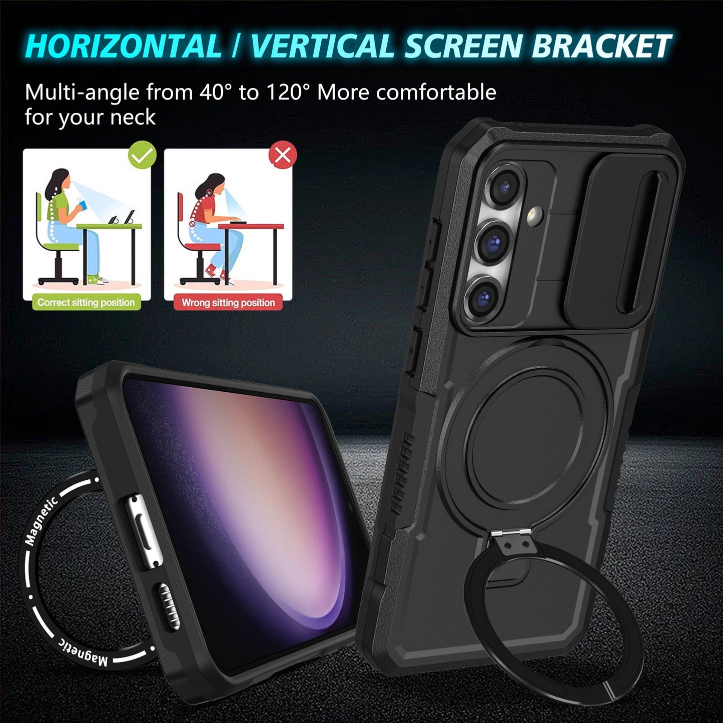 Compatible with MagSafe PC+TPU Case for Samsung Galaxy S23 FE Kickstand Anti-Drop Phone Shell with Sliding Lens Cover