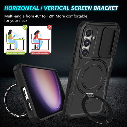 Compatible with MagSafe PC+TPU Case for Samsung Galaxy S23 FE Kickstand Anti-Drop Phone Shell with Sliding Lens Cover