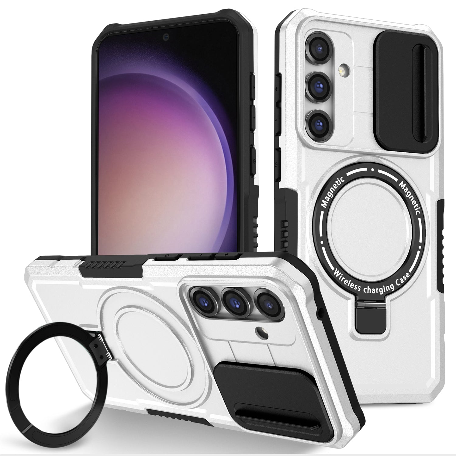 Compatible with MagSafe PC+TPU Case for Samsung Galaxy S23 FE Kickstand Anti-Drop Phone Shell with Sliding Lens Cover