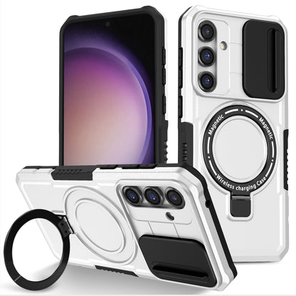 Compatible with MagSafe PC+TPU Case for Samsung Galaxy S23 FE Kickstand Anti-Drop Phone Shell with Sliding Lens Cover