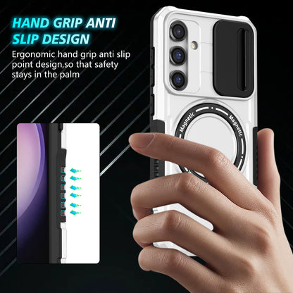 Compatible with MagSafe PC+TPU Case for Samsung Galaxy S23 FE Kickstand Anti-Drop Phone Shell with Sliding Lens Cover