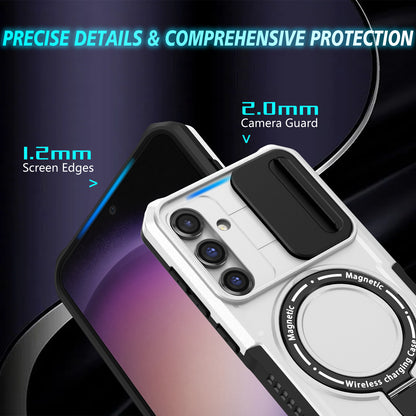 Compatible with MagSafe PC+TPU Case for Samsung Galaxy S23 FE Kickstand Anti-Drop Phone Shell with Sliding Lens Cover