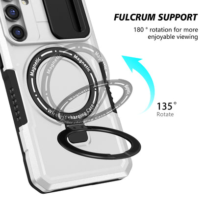 Compatible with MagSafe PC+TPU Case for Samsung Galaxy S23 FE Kickstand Anti-Drop Phone Shell with Sliding Lens Cover