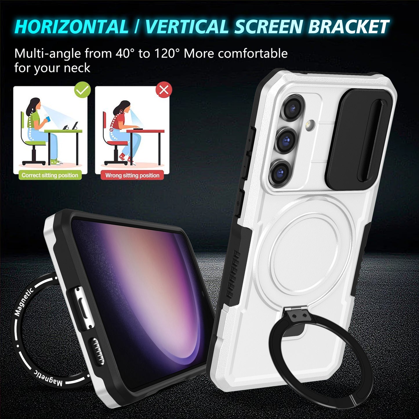 Compatible with MagSafe PC+TPU Case for Samsung Galaxy S23 FE Kickstand Anti-Drop Phone Shell with Sliding Lens Cover