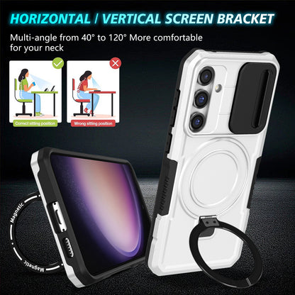 Compatible with MagSafe PC+TPU Case for Samsung Galaxy S23 FE Kickstand Anti-Drop Phone Shell with Sliding Lens Cover