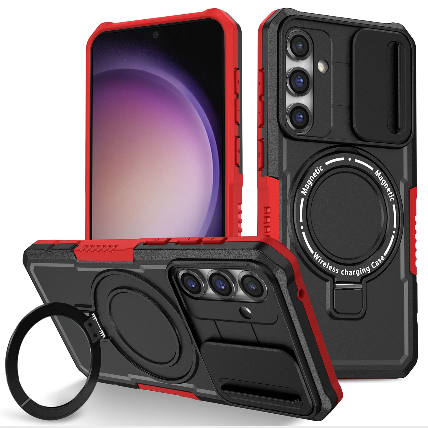 Compatible with MagSafe PC+TPU Case for Samsung Galaxy S23 FE Kickstand Anti-Drop Phone Shell with Sliding Lens Cover