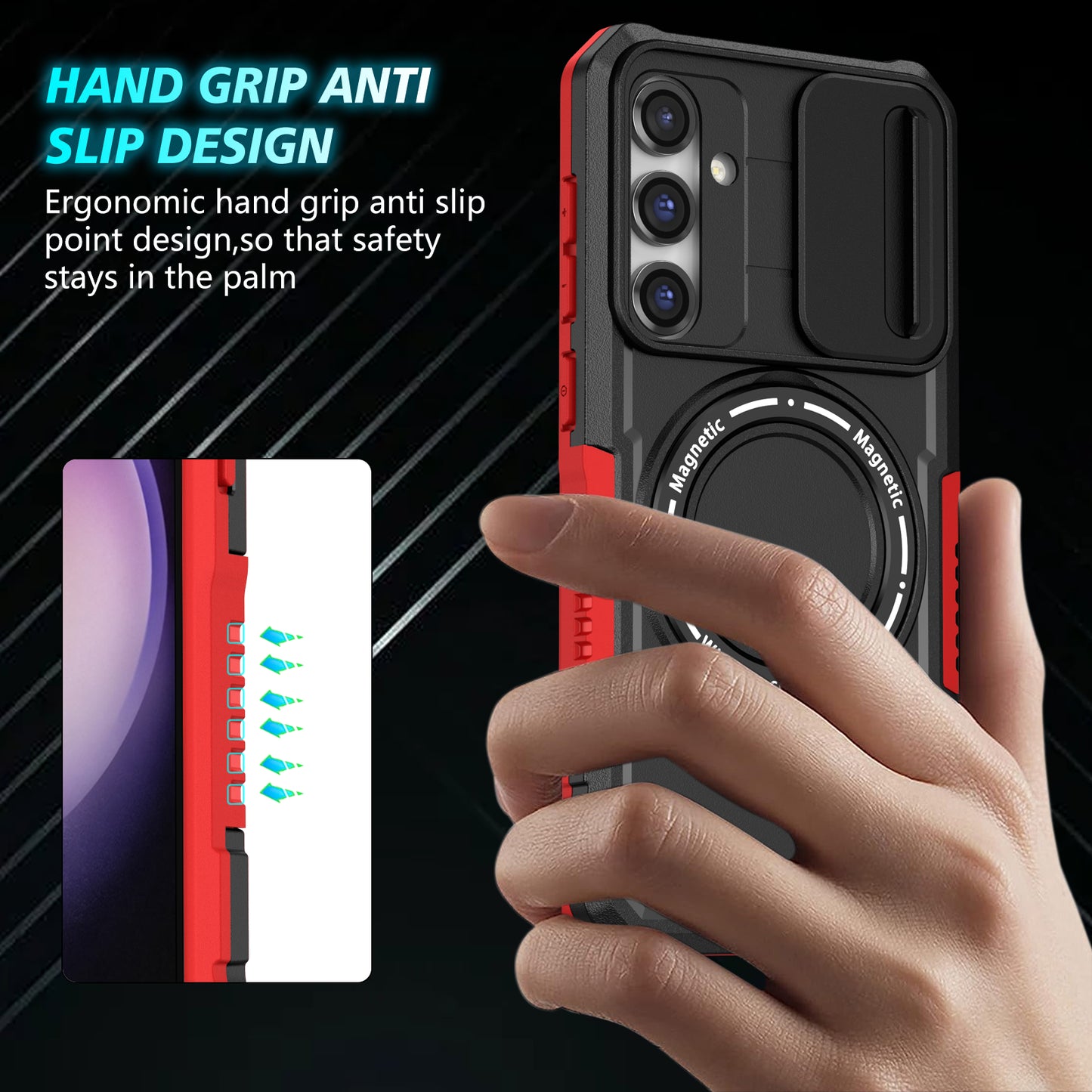 Compatible with MagSafe PC+TPU Case for Samsung Galaxy S23 FE Kickstand Anti-Drop Phone Shell with Sliding Lens Cover