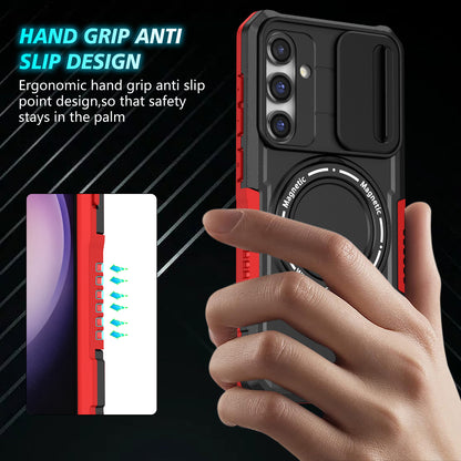 Compatible with MagSafe PC+TPU Case for Samsung Galaxy S23 FE Kickstand Anti-Drop Phone Shell with Sliding Lens Cover