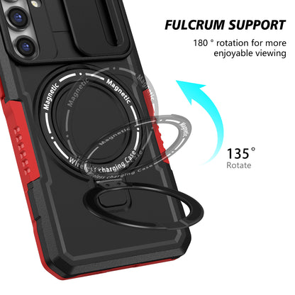 Compatible with MagSafe PC+TPU Case for Samsung Galaxy S23 FE Kickstand Anti-Drop Phone Shell with Sliding Lens Cover
