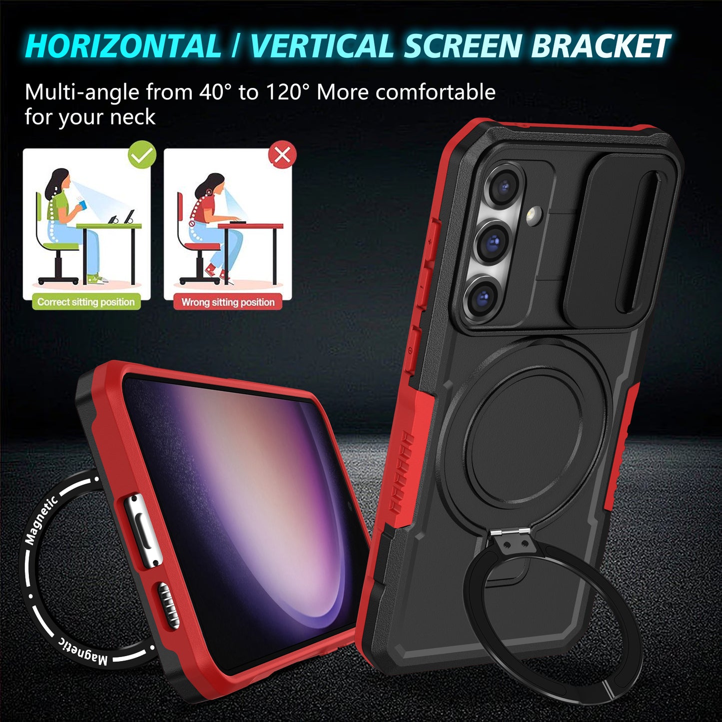 Compatible with MagSafe PC+TPU Case for Samsung Galaxy S23 FE Kickstand Anti-Drop Phone Shell with Sliding Lens Cover