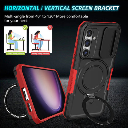 Compatible with MagSafe PC+TPU Case for Samsung Galaxy S23 FE Kickstand Anti-Drop Phone Shell with Sliding Lens Cover