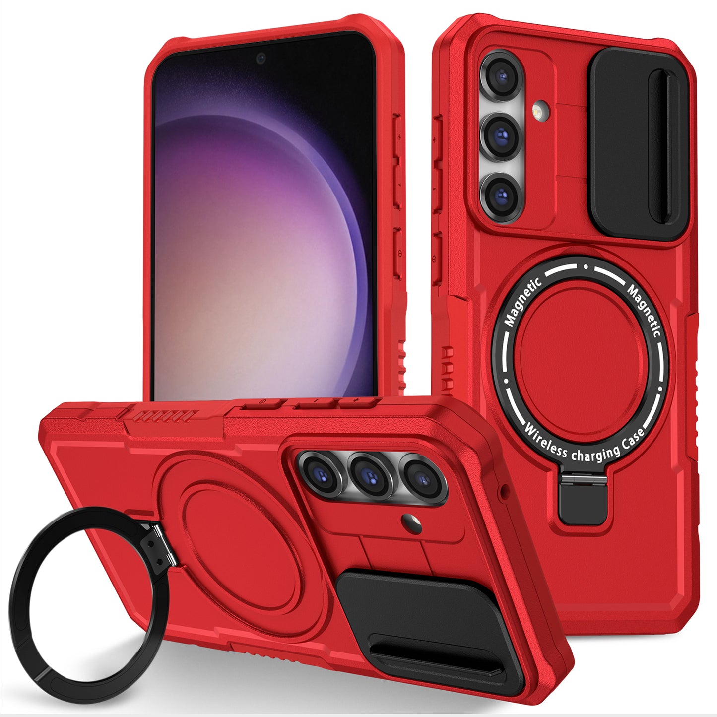 Compatible with MagSafe PC+TPU Case for Samsung Galaxy S23 FE Kickstand Anti-Drop Phone Shell with Sliding Lens Cover