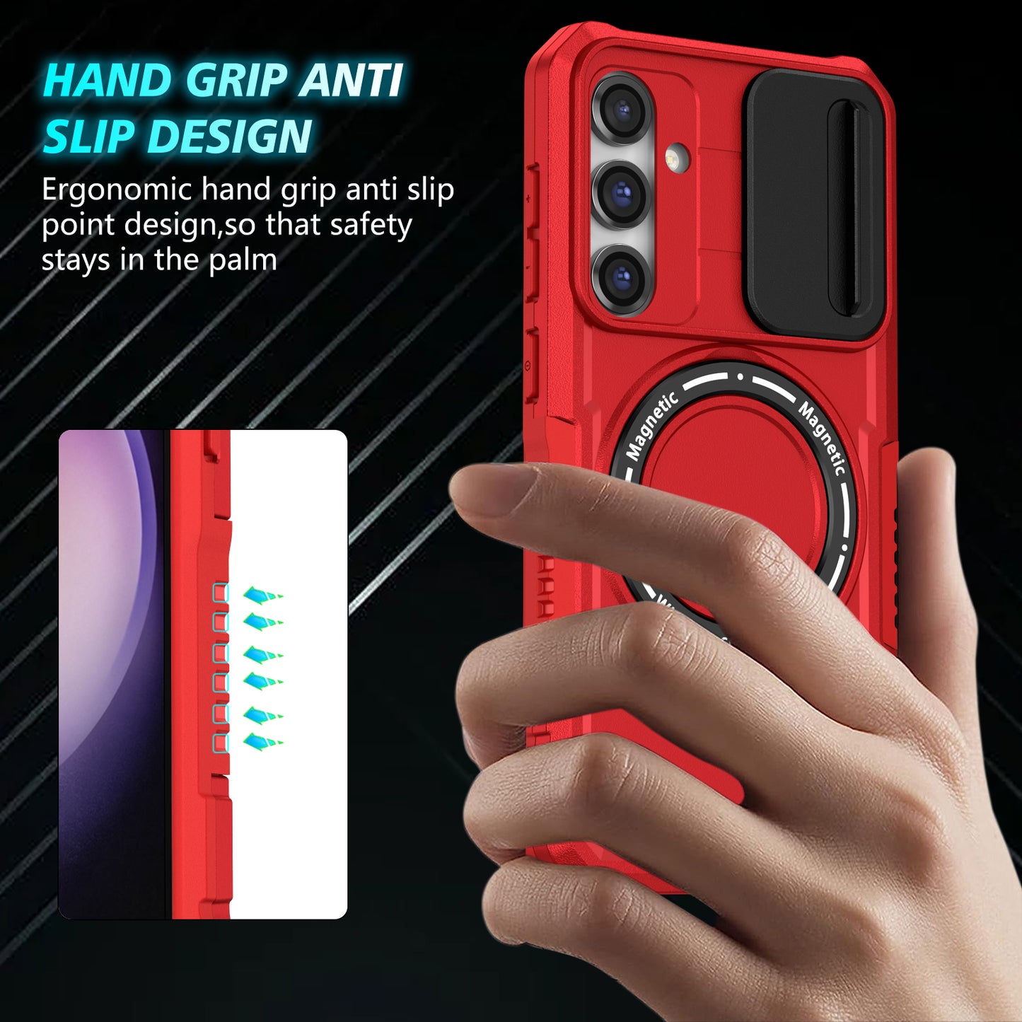 Compatible with MagSafe PC+TPU Case for Samsung Galaxy S23 FE Kickstand Anti-Drop Phone Shell with Sliding Lens Cover